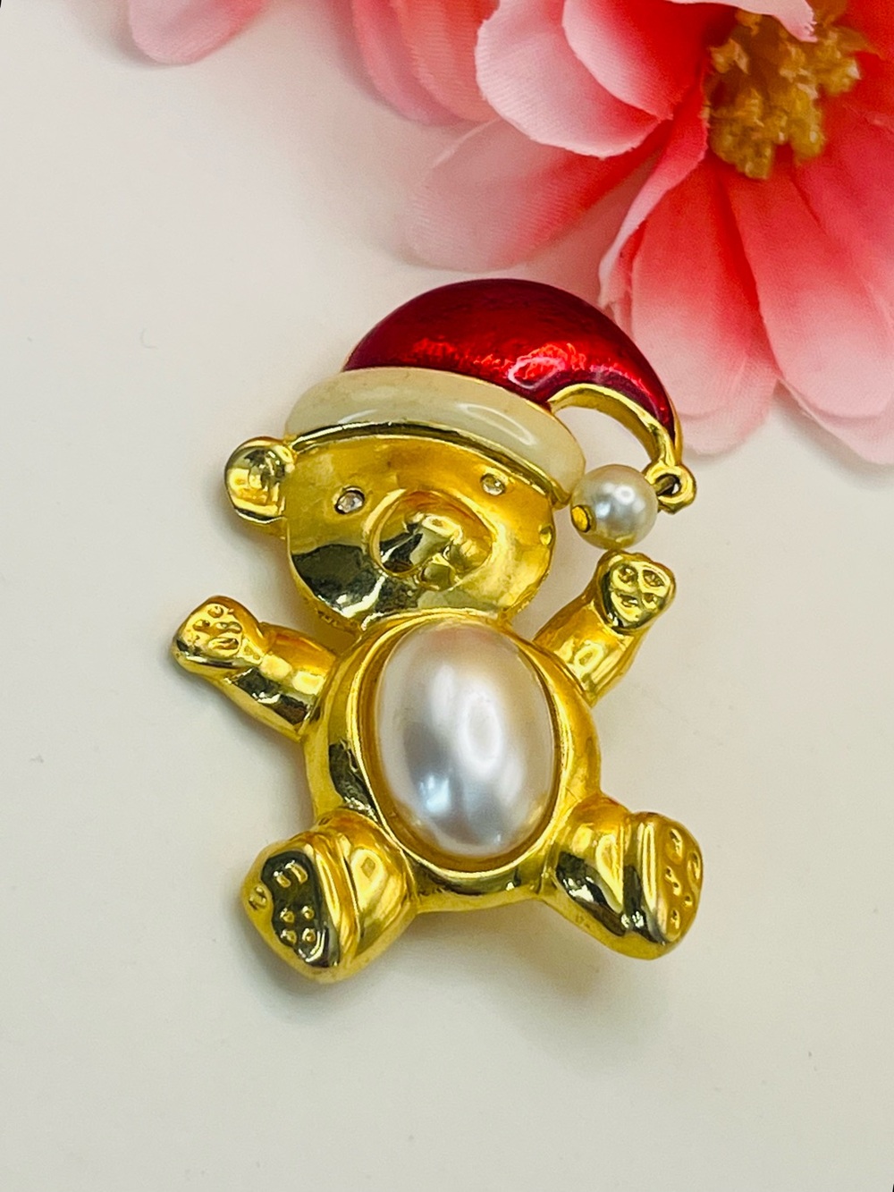 Gold Teddy Bear Pin with Red Santa Hat and Pearl Accent